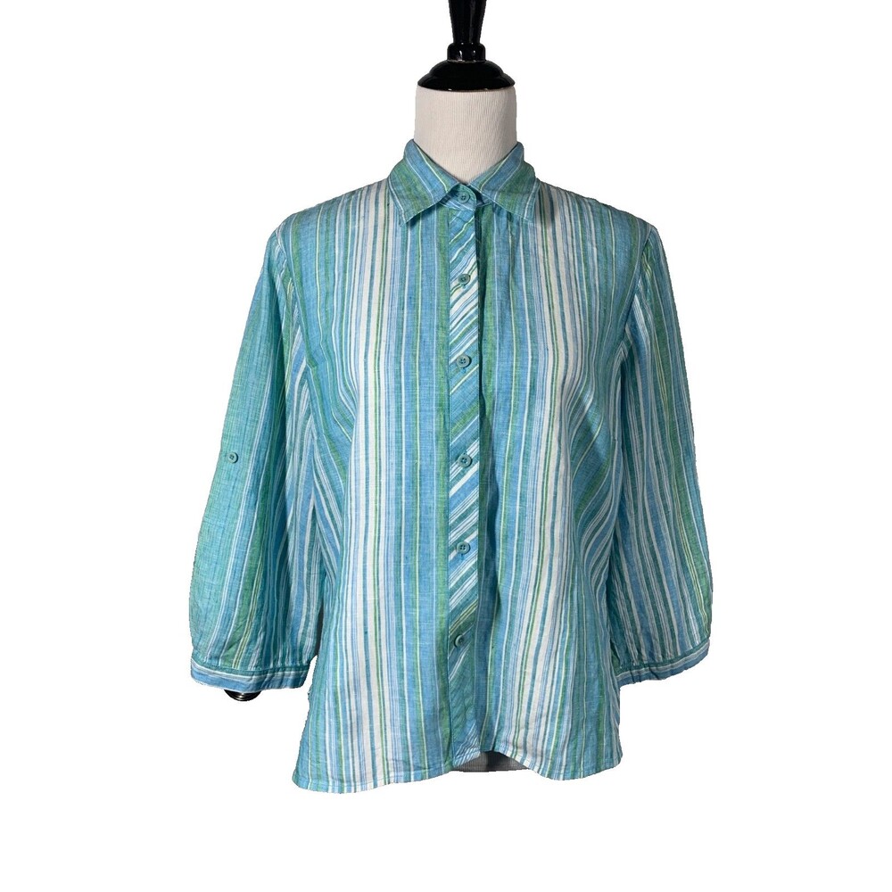 Coldwater Creek Striped Linen Button Down Shirt Size PL Coastal Beachy Blue